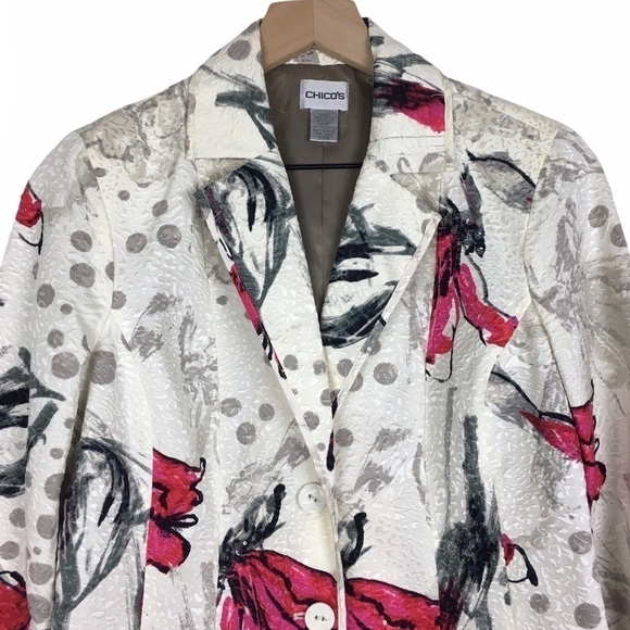 CHICOS Blazer Jacket Silk Floral Leopard Animal Print Beads Sequins Size 0 Small - Picture 3 of 11